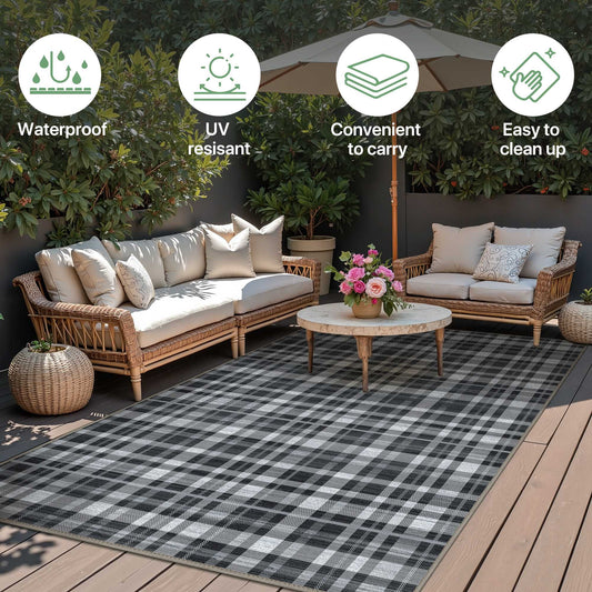 DEORAB Outdoor Rugs 9'X12' Chenille Patio Rug Three-Layer Material Imitation Silicone Spot Molding Camping Outside Rv Mat,Black