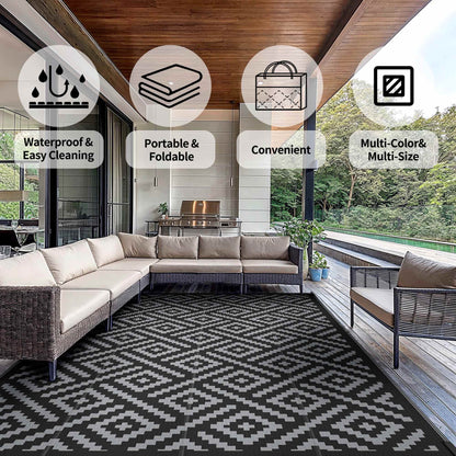 DEORAB Outdoor Rugs Waterproof Plastic Straw Mat 9'x12' Reversible for RV Patio Deck Beach Black & Gray