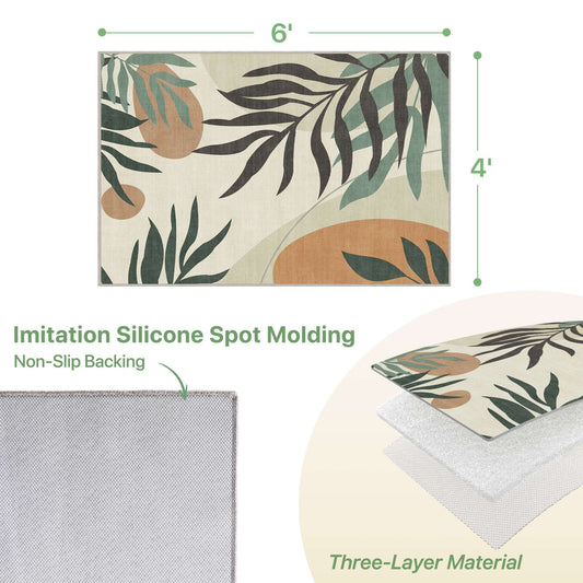 DEORAB Outdoor Rug 4'X6' Chenille Patio Carpet Three-Layer Material Imitation Silicone Spot Molding Camping Outside RV Mat,Beige&Green