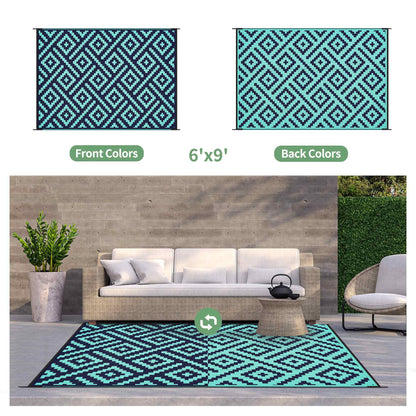 DEORAB Outdoor Rug for Patio Clearance 5'x8' Waterproof Outside Mat Reversible Plastic Camping Carpet,Navy Blue & Jade Green