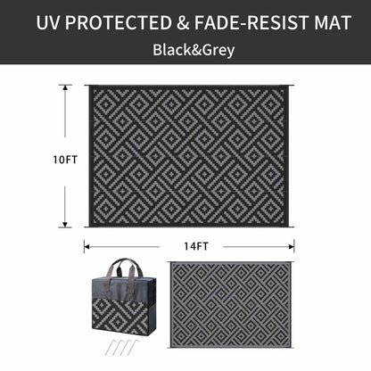 DEORAB Outdoor Rugs Waterproof Plastic Straw Mat 10'x14' Reversible for RV Patio Deck Beach Black & Gray