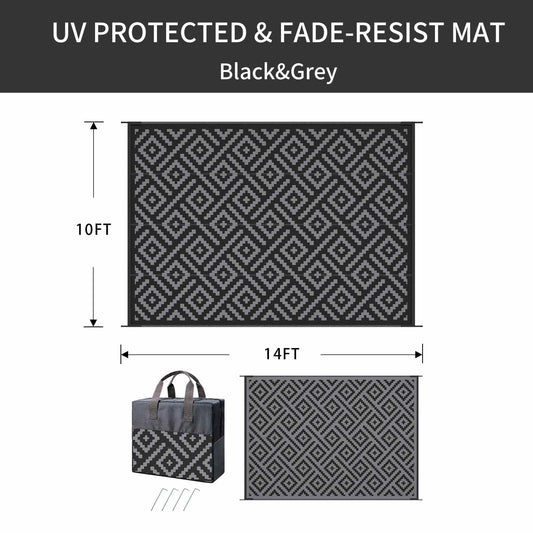 DEORAB Outdoor Rugs Waterproof Plastic Straw Mat 10'x14' Reversible for RV Patio Deck Beach Black & Gray