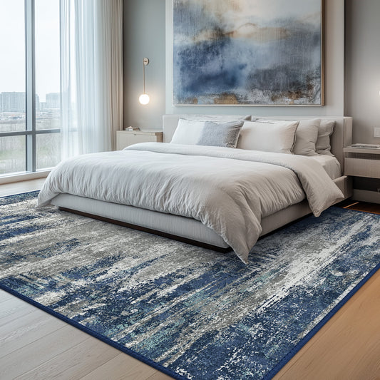 DEORAB 3X5 Area Rugs for Living Room, Large Modern Machine Washable Vintage Rugs Distressed Abstract Print Blue Throw Rug for Bedroom Aesthetic, Non Slip Ultra-thin Carpet with Gripper
