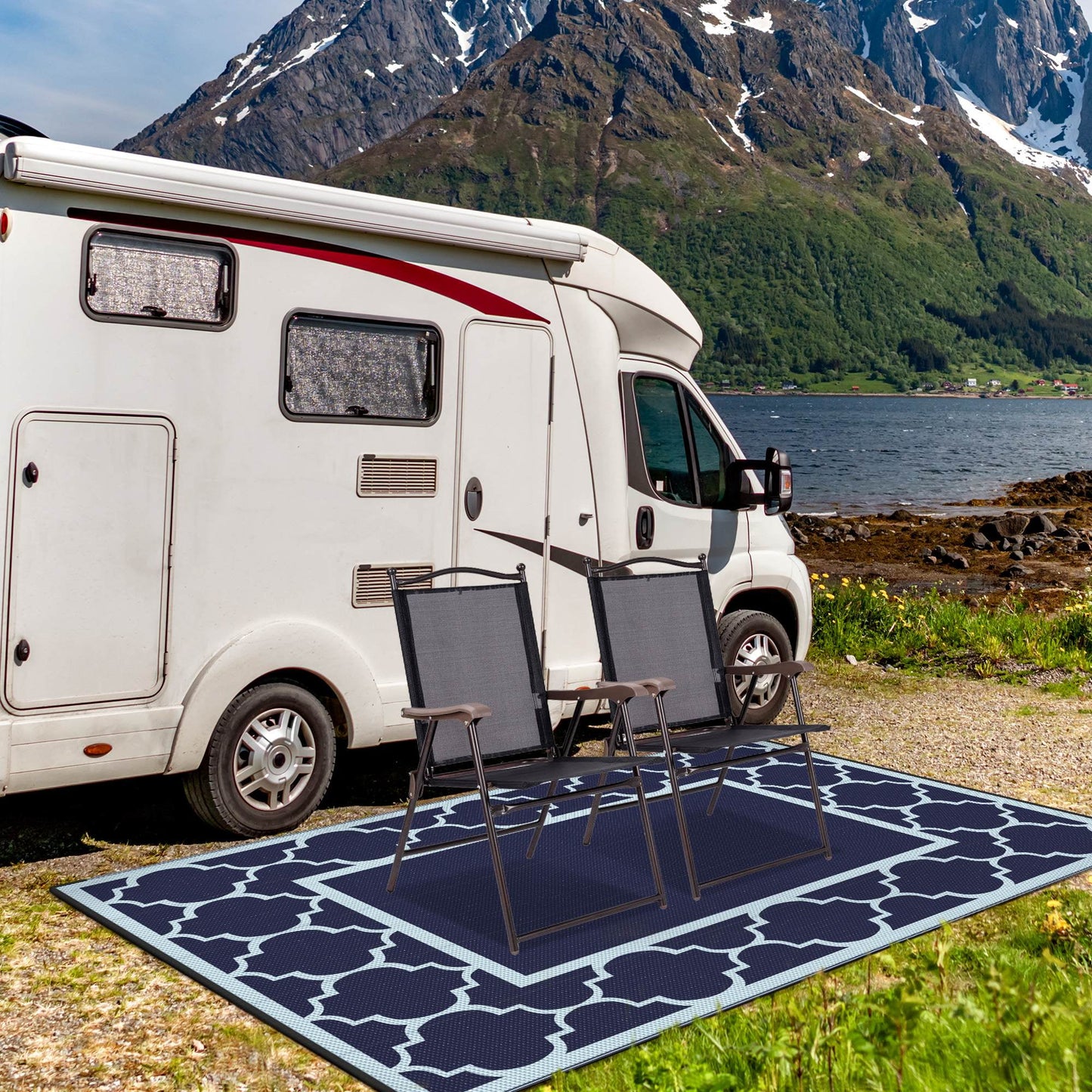 deorab 9'x12' outdoor rug clearance waterproof patio mat reversible plastic camping carpet,navy blue & baby blue