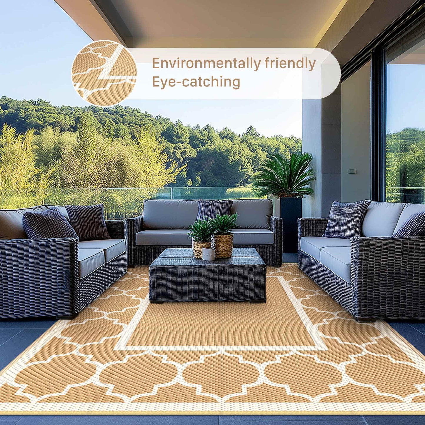 deorab outdoor rugs waterproof plastic straw mat 5'x8' reversible for rv patio deck beach brown & beige