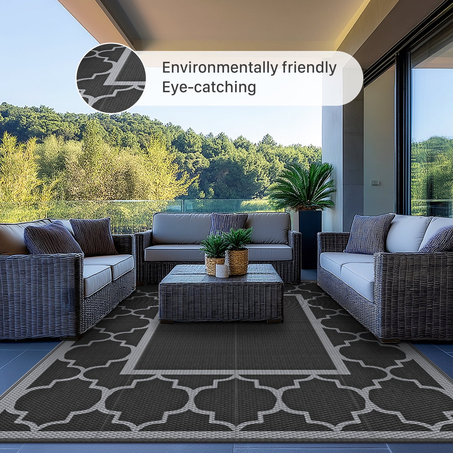 deorab outdoor rugs waterproof plastic straw mat 8'x10' reversible for rv patio deck beach black & gray