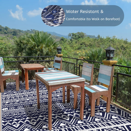 DEORAB Outdoor Rugs Waterproof Plastic Straw Mat 5'x8' Reversible for RV Patio Deck Beach Blue & White