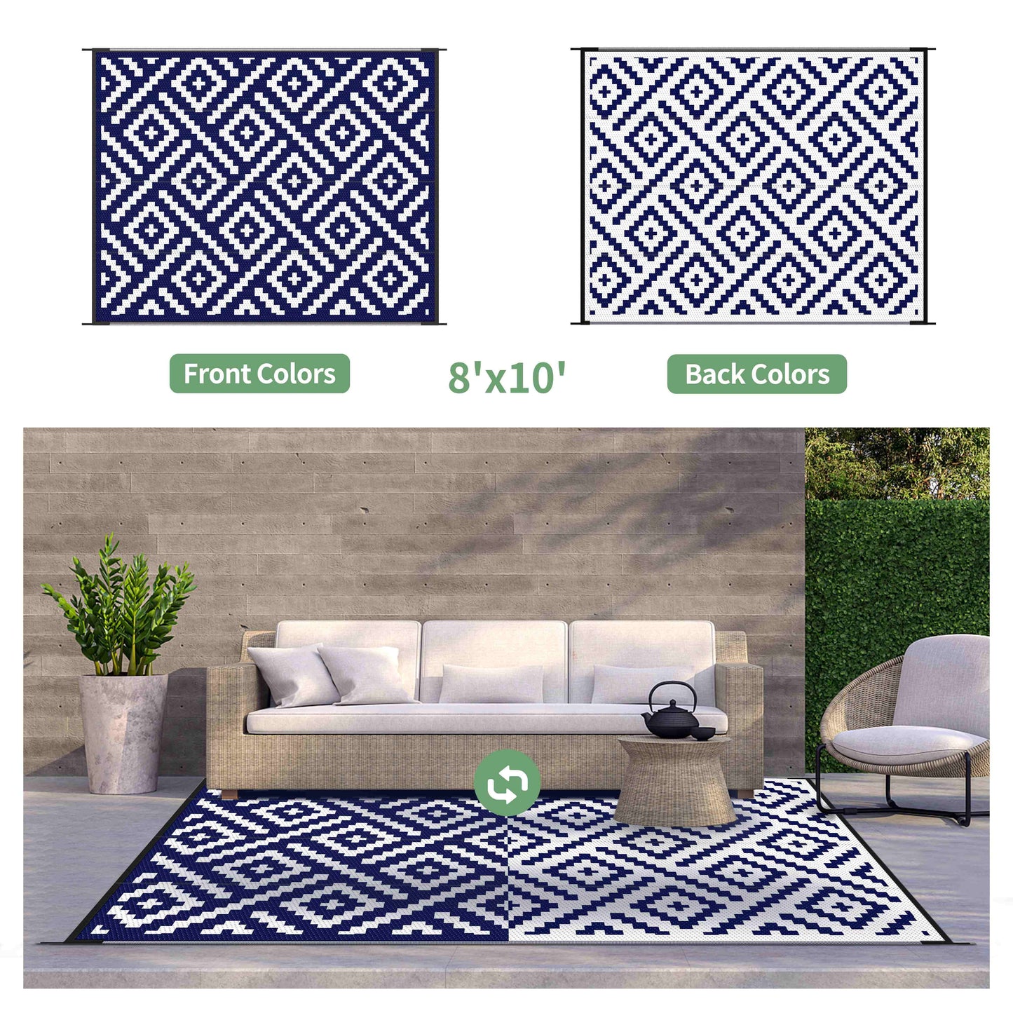 deorab outdoor rugs waterproof plastic straw mat 8'x10' reversible for rv patio deck beach navyblue & white