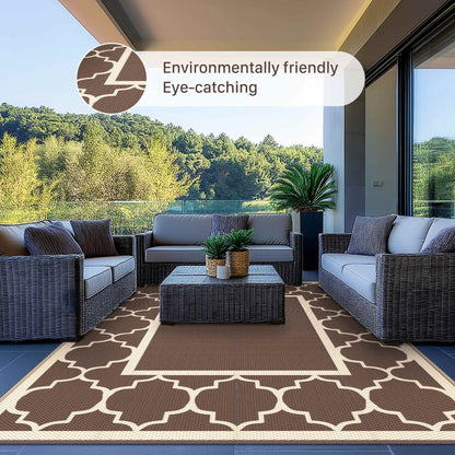 DEORAB Outdoor Rugs Waterproof Plastic Straw Mat 6'x9' Reversible for RV Patio Deck Beach Coffee & Beige