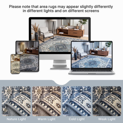 DEORAB Runner Rug 2X10 Non Slip Hallway Vintage Rugs, Machine Washable Lightweight Mat for Living Room, Entryway, Bedroom, Kitchen and Passage, Ultra-Thin,Blue