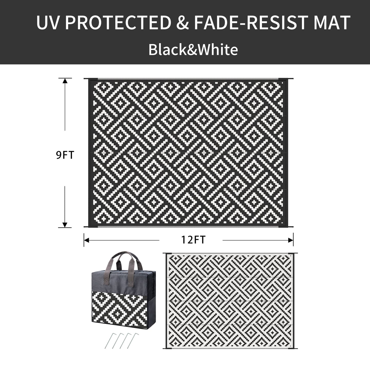 deorab outdoor rugs waterproof plastic straw mat 9'x12' reversible for rv patio deck beach black & white