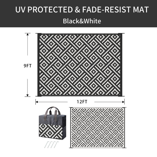 DEORAB Outdoor Rugs Waterproof Plastic Straw Mat 9'x12' Reversible for RV Patio Deck Beach Black & White