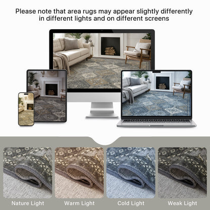 DEORAB 8x10 Ultra-thin Area Rugs for Living Room Bedroom, Machine Washable Stain Resistant Non-Shed Carpet, Low Pile Mat with Non Slip Backing