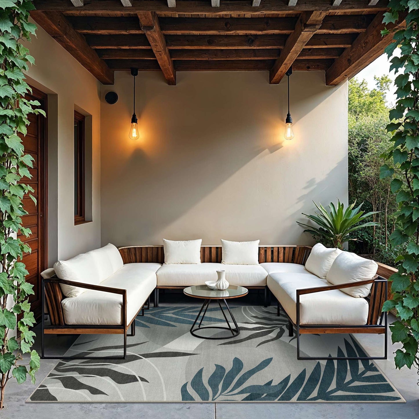 deorab outdoor rug 8'x10' chenille patio carpet three-layer material imitation silicone spot molding camping outside rv mat,blue&grey