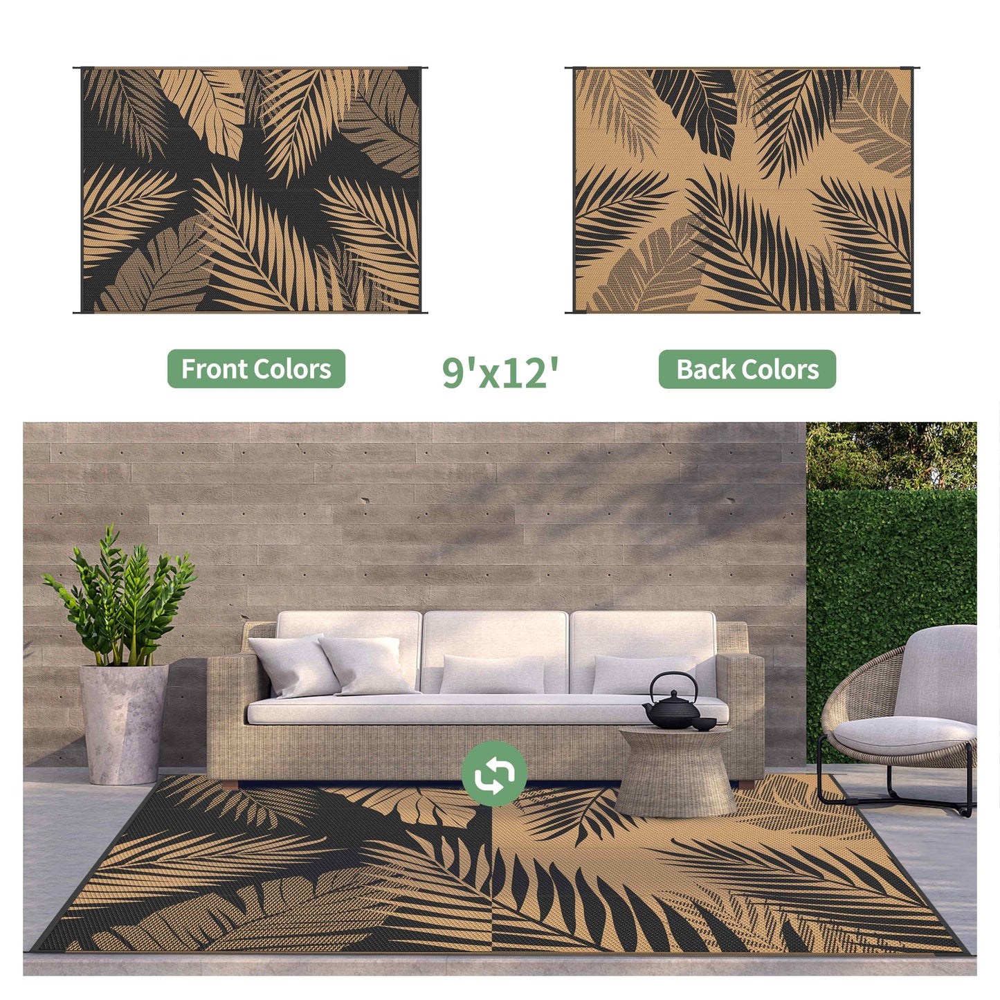 deorab 9'x12' outdoor rugs patio waterproof outside mat reversible plastic camping carpet,black & brown