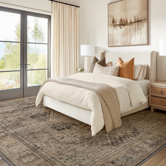 DEORAB 8X10 Area Rugs for Living Room, Non Slip Indoor Vogue Area Rugs, Low Pile Lightweight Vintage Large Print Mat for Bedroom Dining Room Home Office and Hall, Ultra-Thin, TAN