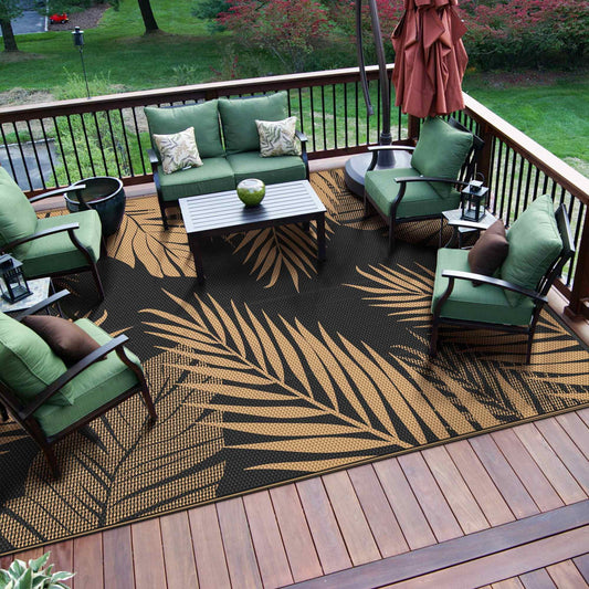 DEORAB 5'x8' Outdoor Rugs Patio Waterproof Outside Mat Reversible Plastic Camping Carpet,Black & Brown