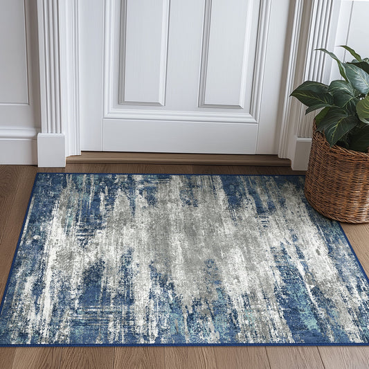 DEORAB 2X3 Area Rugs for Living Room, Large Modern Machine Washable Vintage Rugs Distressed Abstract Print Blue Throw Rug for Bedroom Aesthetic, Non Slip Ultra-thin Carpet with Gripper