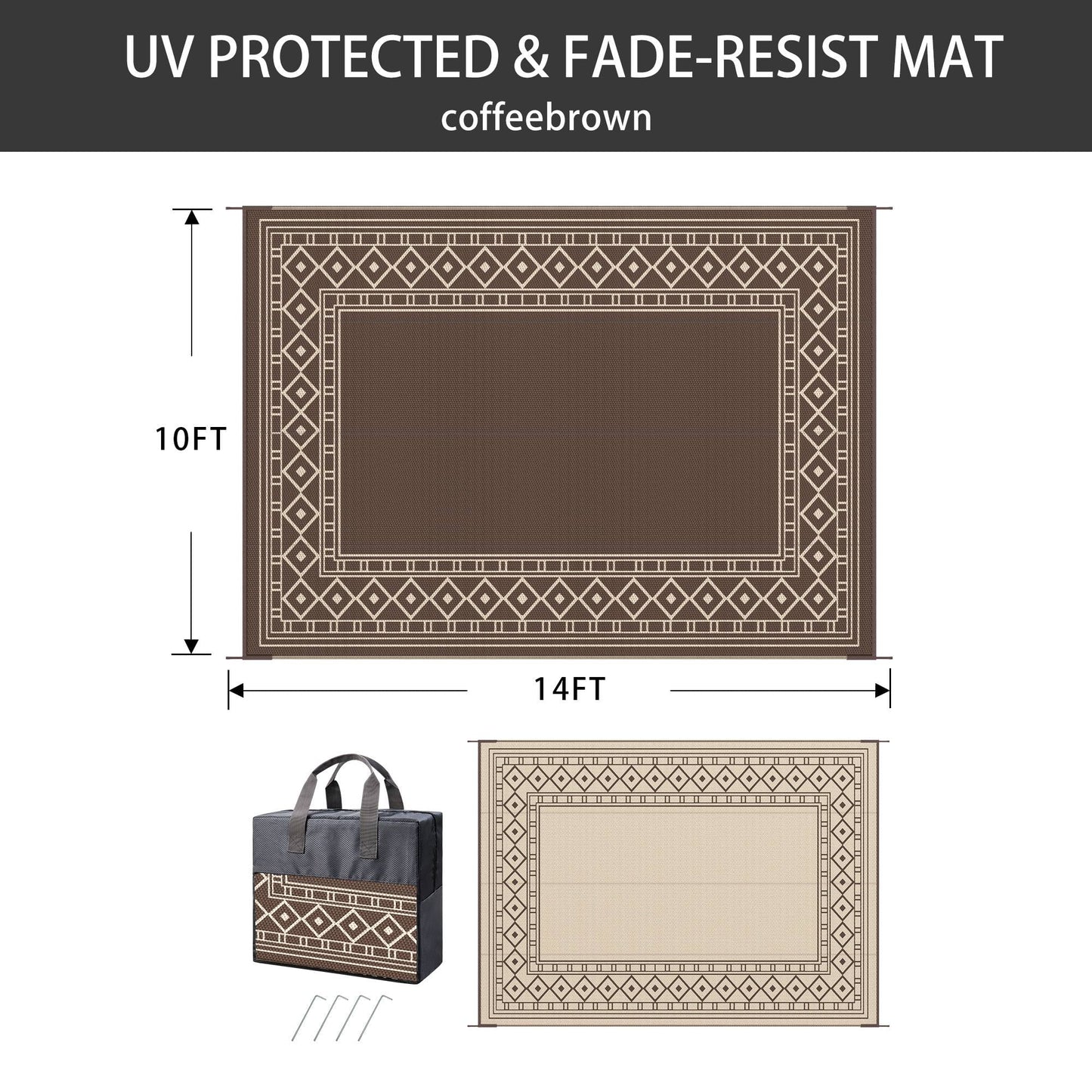 deorab 10'x14'outdoor rugs waterproof reversible plastic carpet camping patio outside mat,coffee & brown