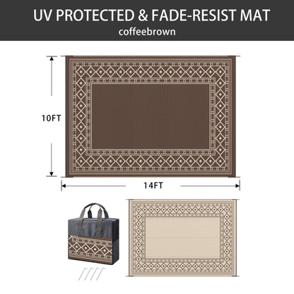 DEORAB 10'x14'Outdoor Rugs Waterproof Reversible Plastic Carpet Camping Patio Outside Mat,Coffee & Brown