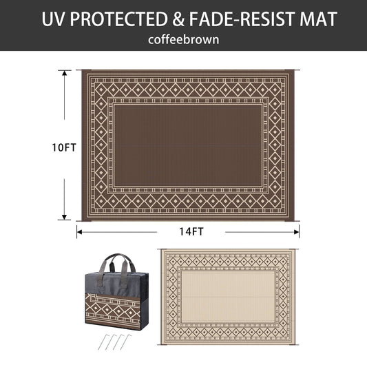 DEORAB 10'x14'Outdoor Rugs Waterproof Reversible Plastic Carpet Camping Patio Outside Mat,Coffee & Brown