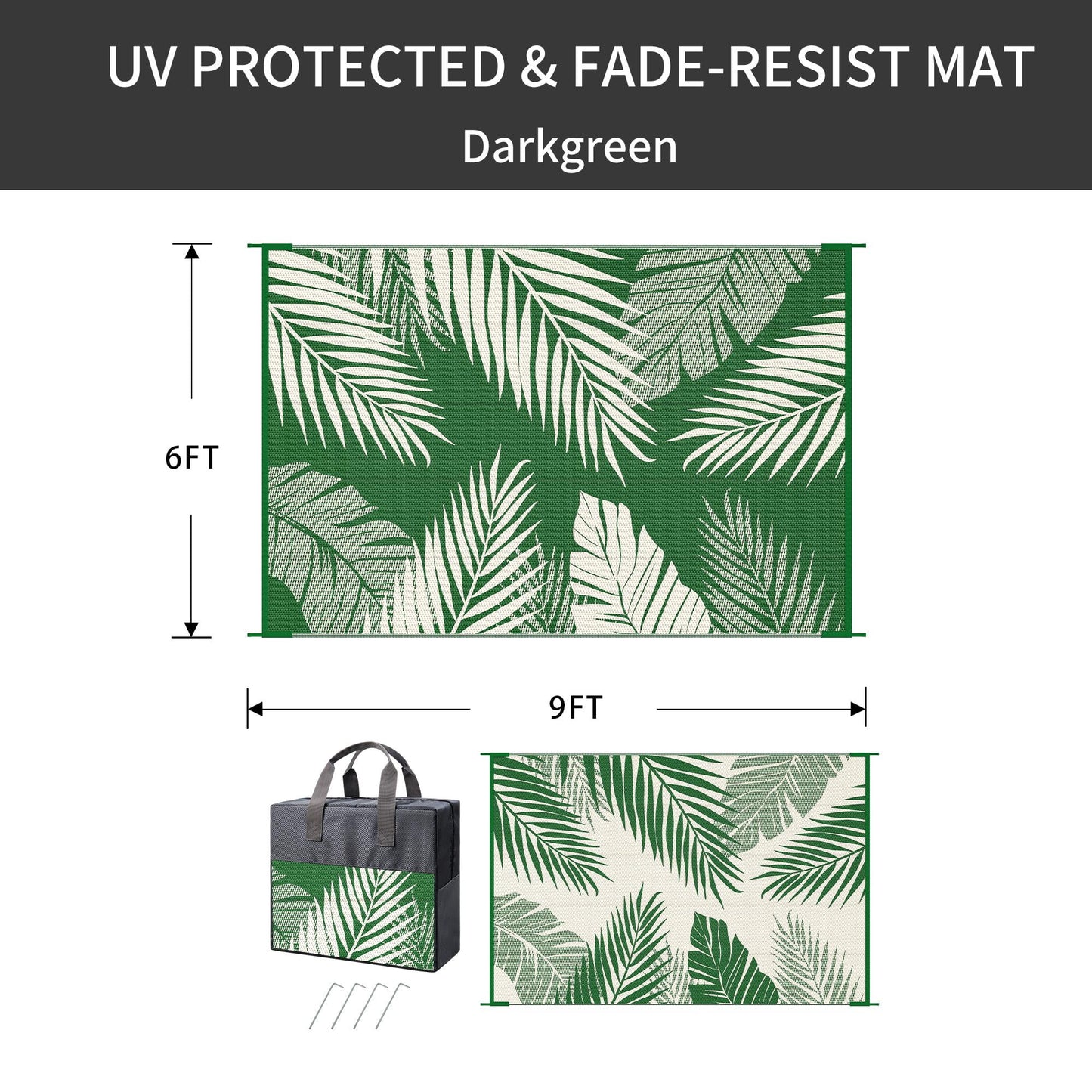 deorab 6'x9' outdoor rugs waterproof patio lightweight reversible plastic carpet outside camping mat,darkgreen