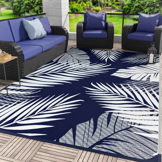 DEORAB 10'x14' Outdoor Rugs Patio Waterproof Outside Mat Reversible Plastic Camping Carpet,Navy blue & White
