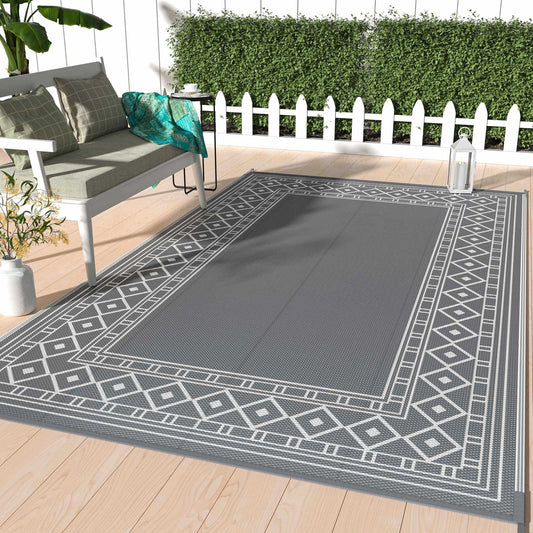DEORAB 10'x14' Outdoor Rugs Patio Waterproof Outside Mat Reversible Plastic Camping Carpet,Grey & White