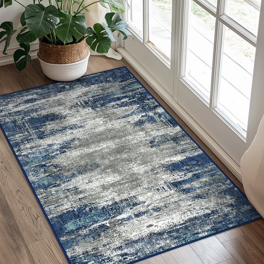 DEORAB 2X3 Area Rugs for Living Room, Large Modern Machine Washable Vintage Rugs Distressed Abstract Print Blue Throw Rug for Bedroom Aesthetic, Non Slip Ultra-thin Carpet with Gripper