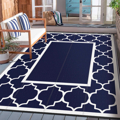 DEORAB Outdoor Rugs Waterproof Plastic Straw Mat 4'x6' Reversible for RV Patio Deck Beach Blue & White