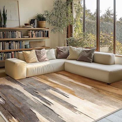 DEORAB 4'X6' Outdoor Rugs Chenille Machine Washable Three-Layer Material Non Slip Imitation Silicone Spot Molding Camping Deck Balcony Porch Carpet, Brown & Beige