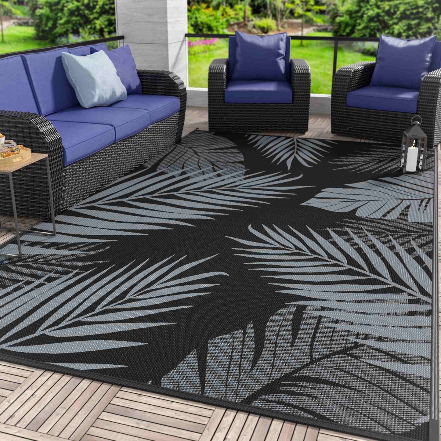 deorab 5'x8' outdoor rugs patio waterproof outside mat reversible plastic camping carpet,black & grey