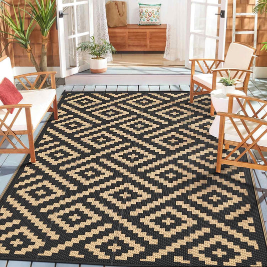 DEORAB Outdoor Rugs Waterproof Plastic Straw Mat 5'x8' Reversible for RV Patio Deck Beach Black & Brown