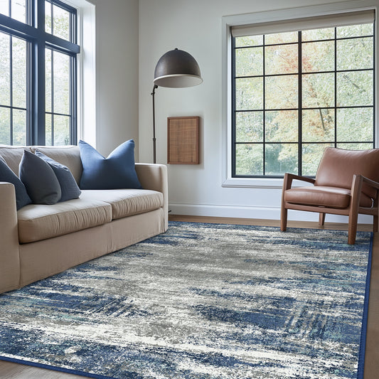 DEORAB 5X7 Area Rugs for Living Room, Large Modern Machine Washable Vintage Rugs Distressed Abstract Print Blue Throw Rug for Bedroom Aesthetic, Non Slip Ultra-thin Carpet with Gripper