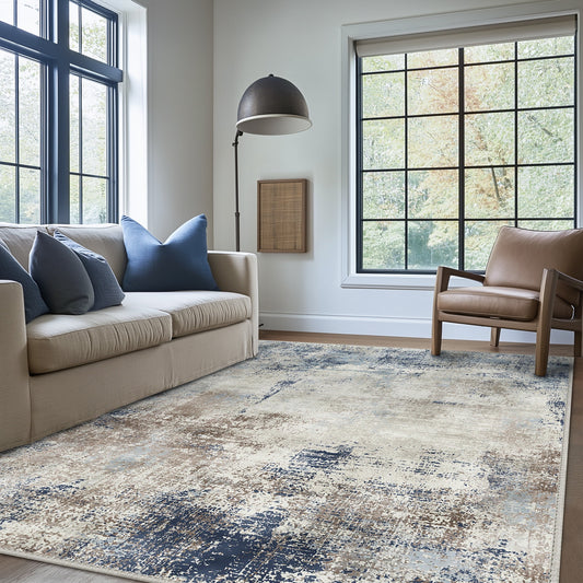 DEORAB 5X7 Area Rugs for Living Room, Large Modern Machine Washable Vintage Rugs Distressed Abstract Print Blue Throw Rug for Bedroom Aesthetic, Non Slip Ultra-thin Carpet with Gripper