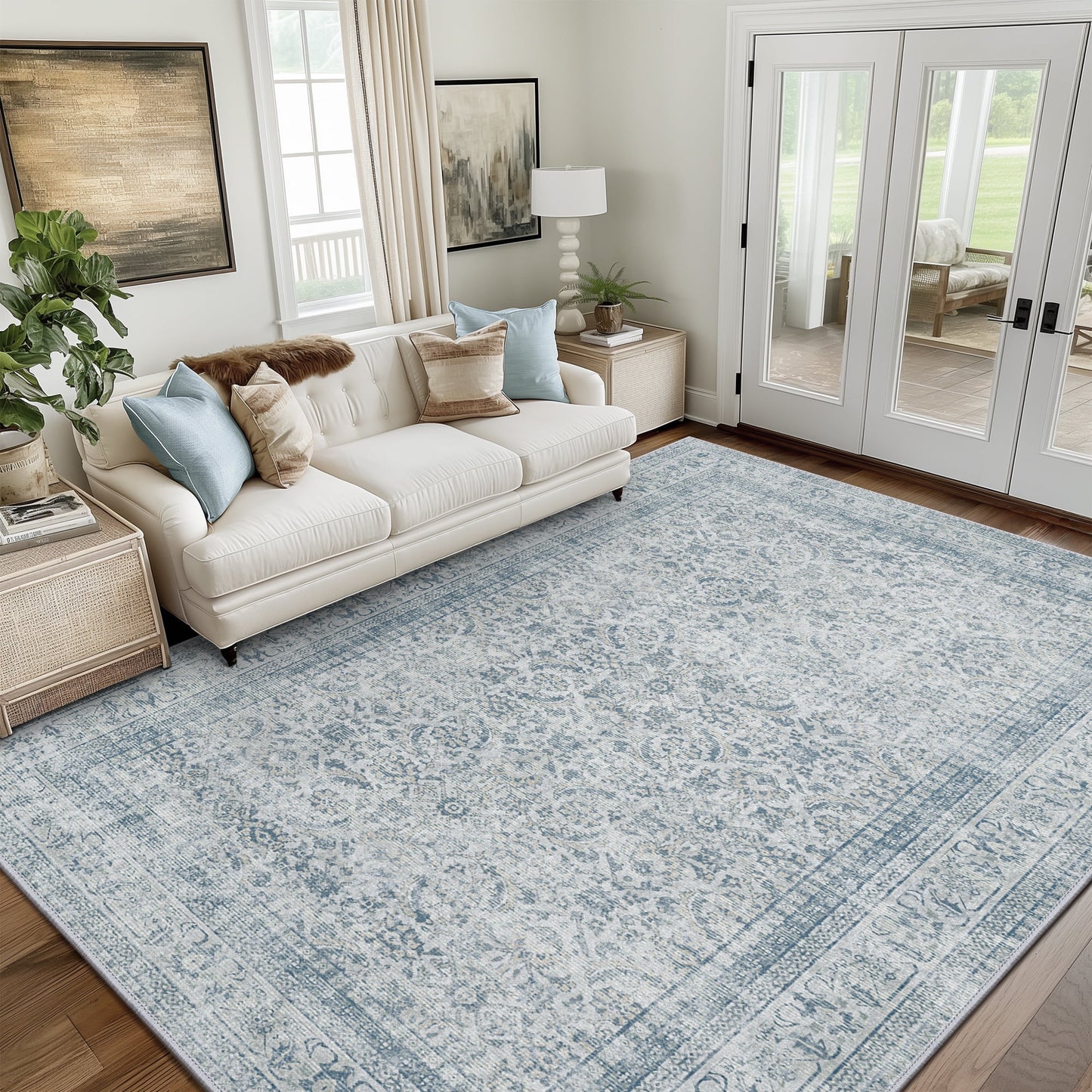 deorab 5x7 ultra-thin area rugs for living room, machine washable bedroom rugs distressed vintage print large throw rug dining room aesthetic, non slip carpet with gripper