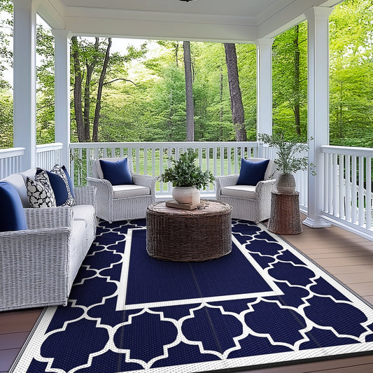 DEORAB Outdoor Rugs Waterproof Plastic Straw Mat 6'x9' Reversible for RV Patio Deck Beach Blue & White