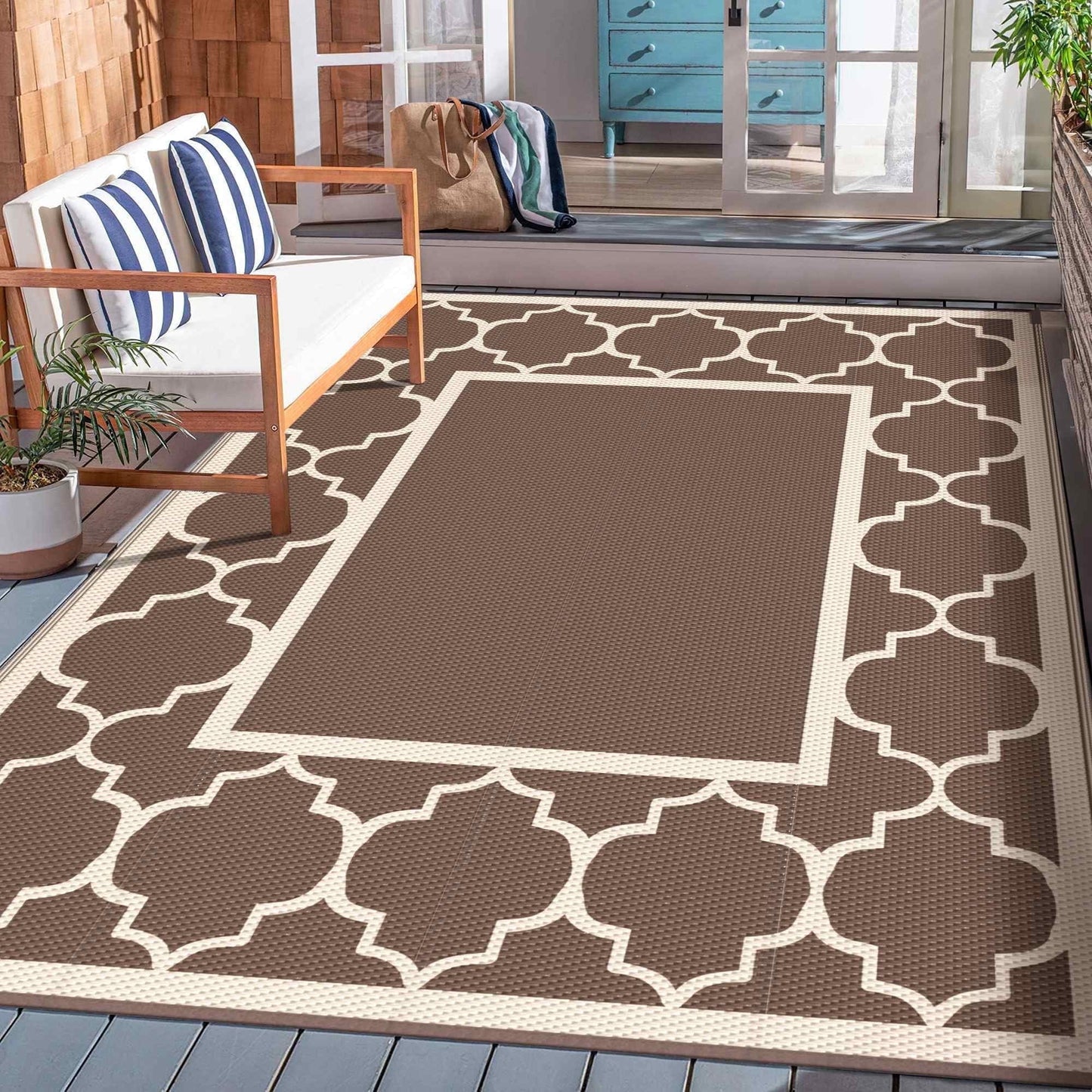 deorab outdoor rugs waterproof plastic straw mat 6'x9' reversible for rv patio deck beach coffee & beige
