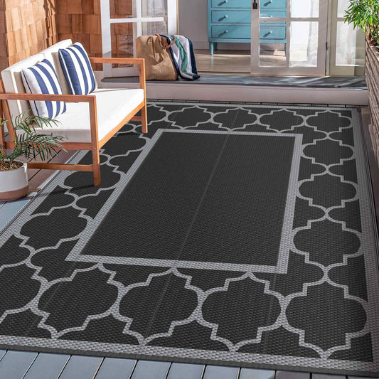 DEORAB Outdoor Rugs Waterproof Plastic Straw Mat 6'x9' Reversible for RV Patio Deck Beach Black & Gray