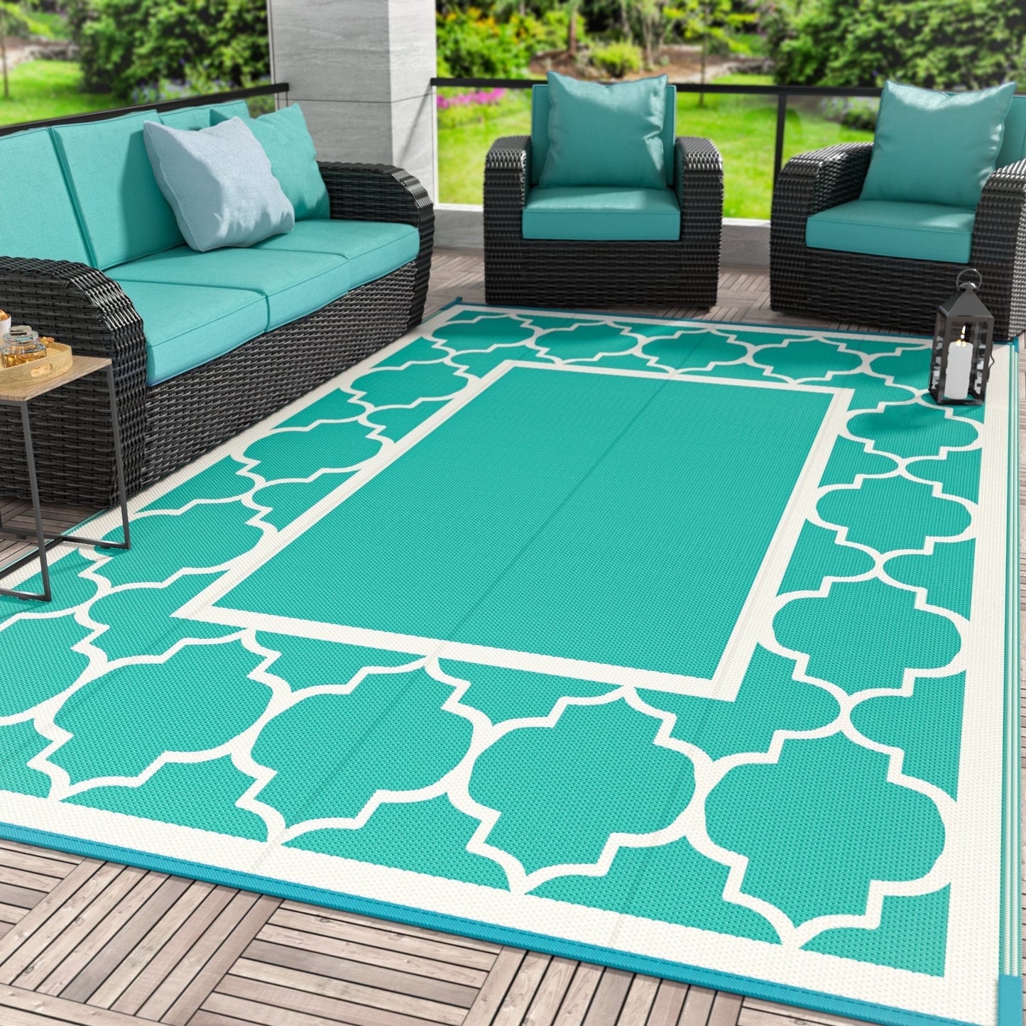 deorab outdoor rugs waterproof plastic straw mat 6'x9' reversible for rv patio deck beach lake green & beige white