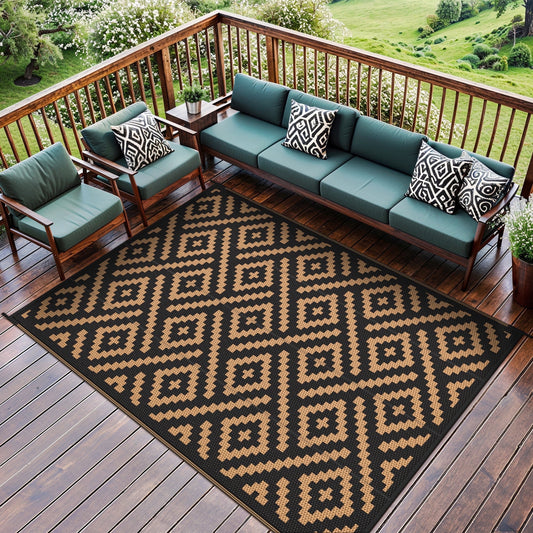 DEORAB Outdoor Rugs Waterproof Plastic Straw Mat 6'x9' Reversible for RV Patio Deck Beach Black & Brown