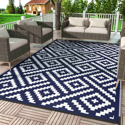 DEORAB 6'x9' Outdoor Rug Patio Clearance Waterproof Mat,Reversible Plastic Camping Nanyblue & White