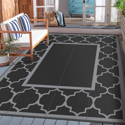 DEORAB Outdoor Rugs Waterproof Plastic Straw Mat 8'x10' Reversible for RV Patio Deck Beach Black & Gray