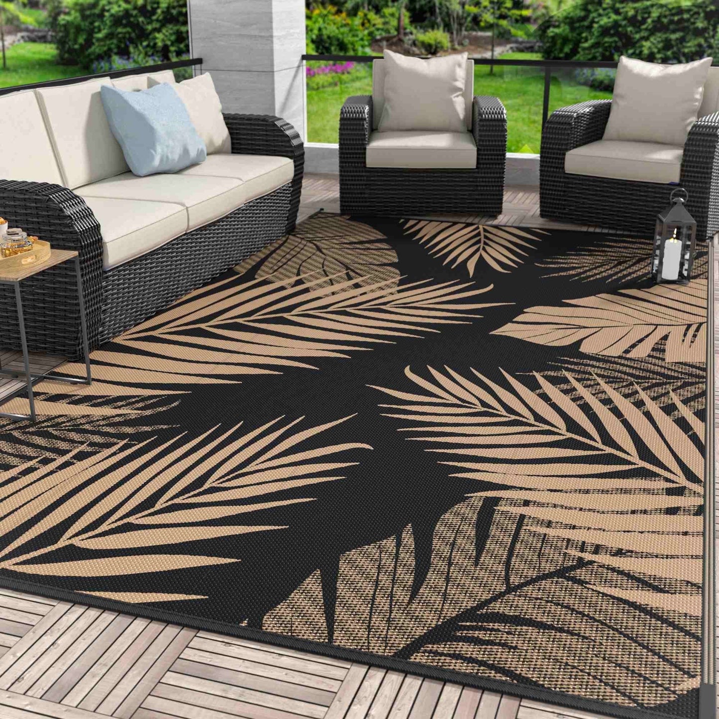deorab 8'x10' outdoor rugs patio waterproof outside mat reversible plastic camping carpet,black & brown