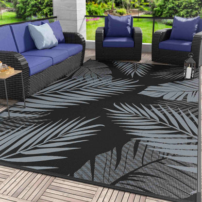 DEORAB 8'x10' Outdoor Rugs Patio Waterproof Outside Mat Reversible Plastic Camping Carpet,Black & Grey