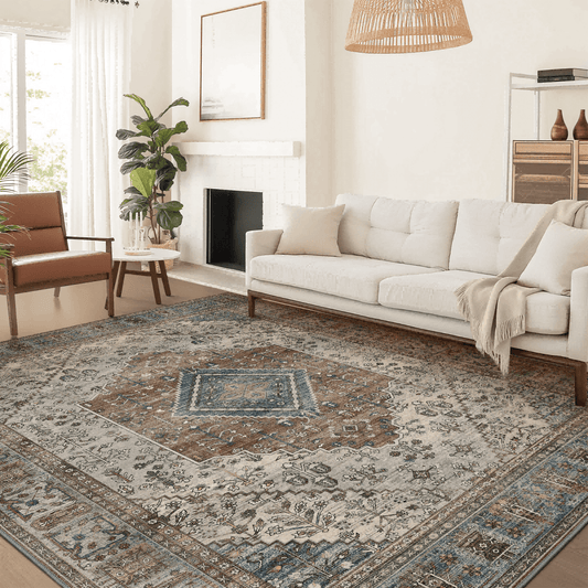 DEORAB 8X10 Area Rugs for Living Room, Non Slip Indoor Vogue Area Rugs, Low Pile Lightweight Vintage Large Print Mat for Bedroom Dining Room Home Office and Hall, Ultra-Thin, Blue Gray