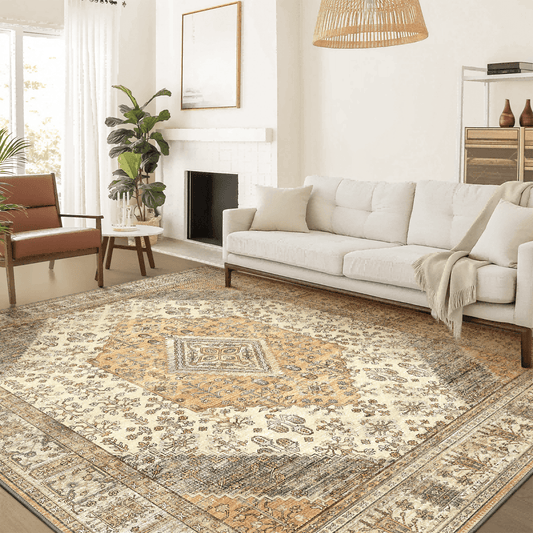 DEORAB 8X10 Area Rugs for Living Room, Non Slip Indoor Vogue Area Rugs, Low Pile Lightweight Vintage Large Print Mat for Bedroom Dining Room Home Office and Hall,Ultra-Thin, Beige