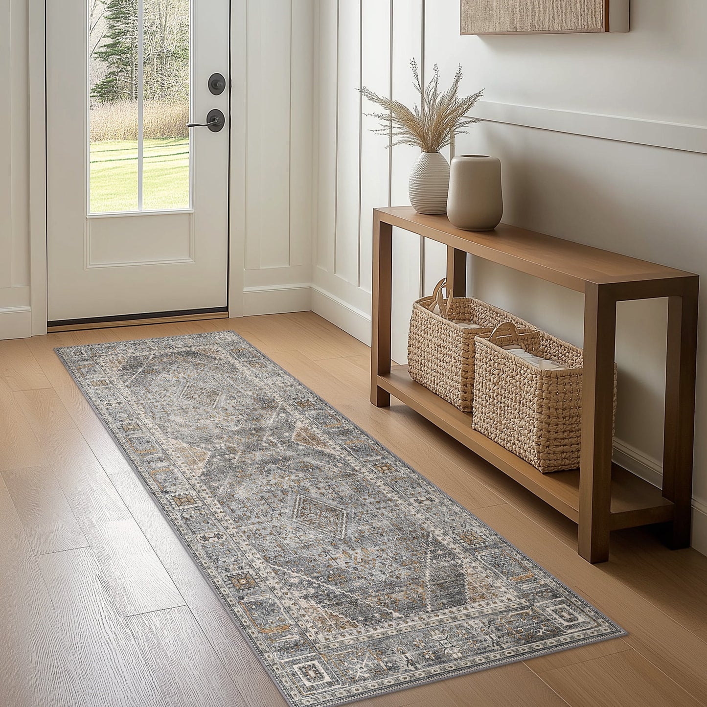 deorab runner rug 3x8 non slip hallway vintage rugs, machine washable lightweight mat for living room, entryway, bedroom, kitchen and passage, ultra-thin, light gray