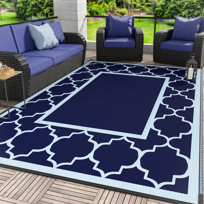 DEORAB 9'X12' Outdoor Rug Clearance Waterproof Patio Mat Reversible Plastic Camping Carpet,Navy Blue & Baby Blue