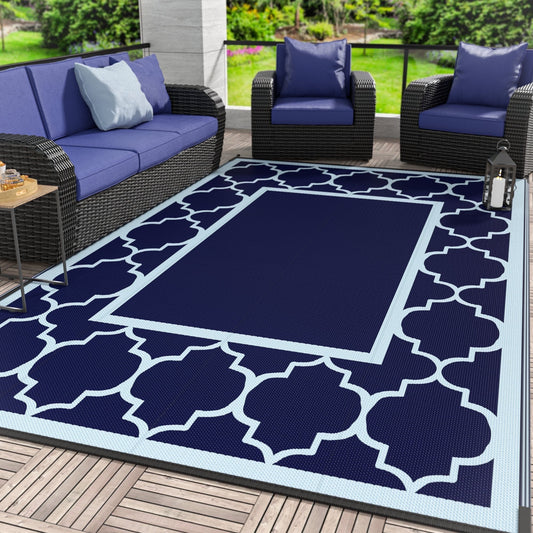 DEORAB 9'X12' Outdoor Rug Clearance Waterproof Patio Mat Reversible Plastic Camping Carpet,Navy Blue & Baby Blue